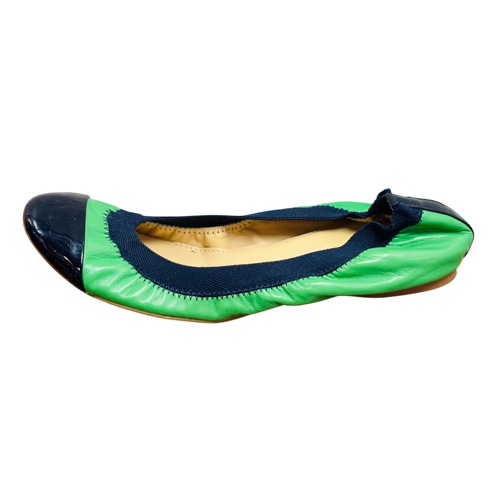 J.Crew Cece Ballet Flats Green Leather Navy Patent Cap Toe Made in Italy‎ Size 6